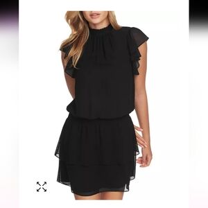 1.State Bloomingdales Black Mock Neck Flutter Mini Dress LBD Cocktail Medium